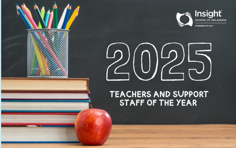 A chalkboard with "2025 Teachers and Support Staff of the Year" written on it, next to a stack of books, an apple, and a cup of pencils.