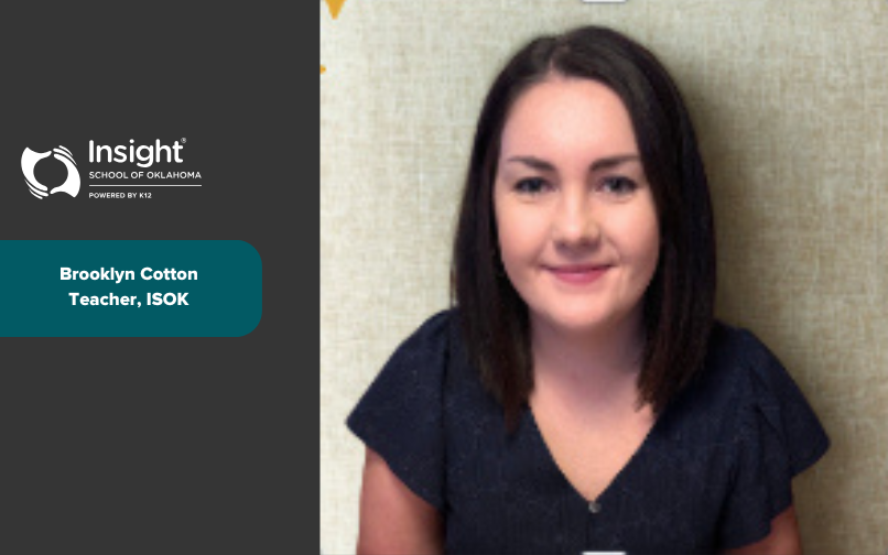 Graphic with the Insight School of Oklahoma logo on a dark background alongside a portrait of a woman with straight shoulder‑length dark hair, wearing a navy top. Text reads: ‘Brooklyn Cotton, Teacher, ISOK.