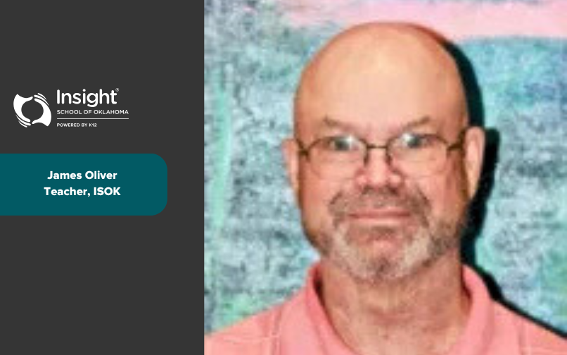 Graphic with the Insight School of Oklahoma logo on a dark background alongside a portrait of a man wearing a salmon-colored collared shirt. Text reads: ‘James Oliver, Teacher, ISOK.