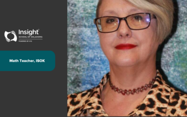 Graphic with the Insight School of Oklahoma logo on a dark background alongside a portrait of a person wearing a leopard-print top and a beaded choker necklace. Text reads: ‘Math Teacher, ISOK.
