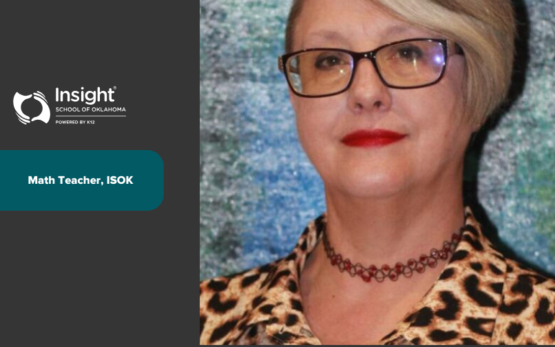 Graphic with the Insight School of Oklahoma logo on a dark background alongside a portrait of a person wearing a leopard-print top and a beaded choker necklace. Text reads: ‘Math Teacher, ISOK.