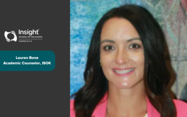 Graphic with the Insight School of Oklahoma logo on a dark background alongside a professional portrait of a woman wearing a pink blazer. Text reads: ‘Lauren Bone, Academic Counselor, ISOK.