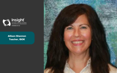 A professional staff profile graphic featuring the Insight Schools of Kansas logo on a dark background to the left, with a name badge reading ‘Allison Shannon, Teacher, ISOK.’ On the right side, a person with long dark hair is shown in front of a textured blue and green backdrop, wearing a light-colored top.